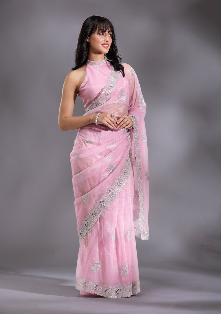 Baby Pink Cutwork Organza Saree
