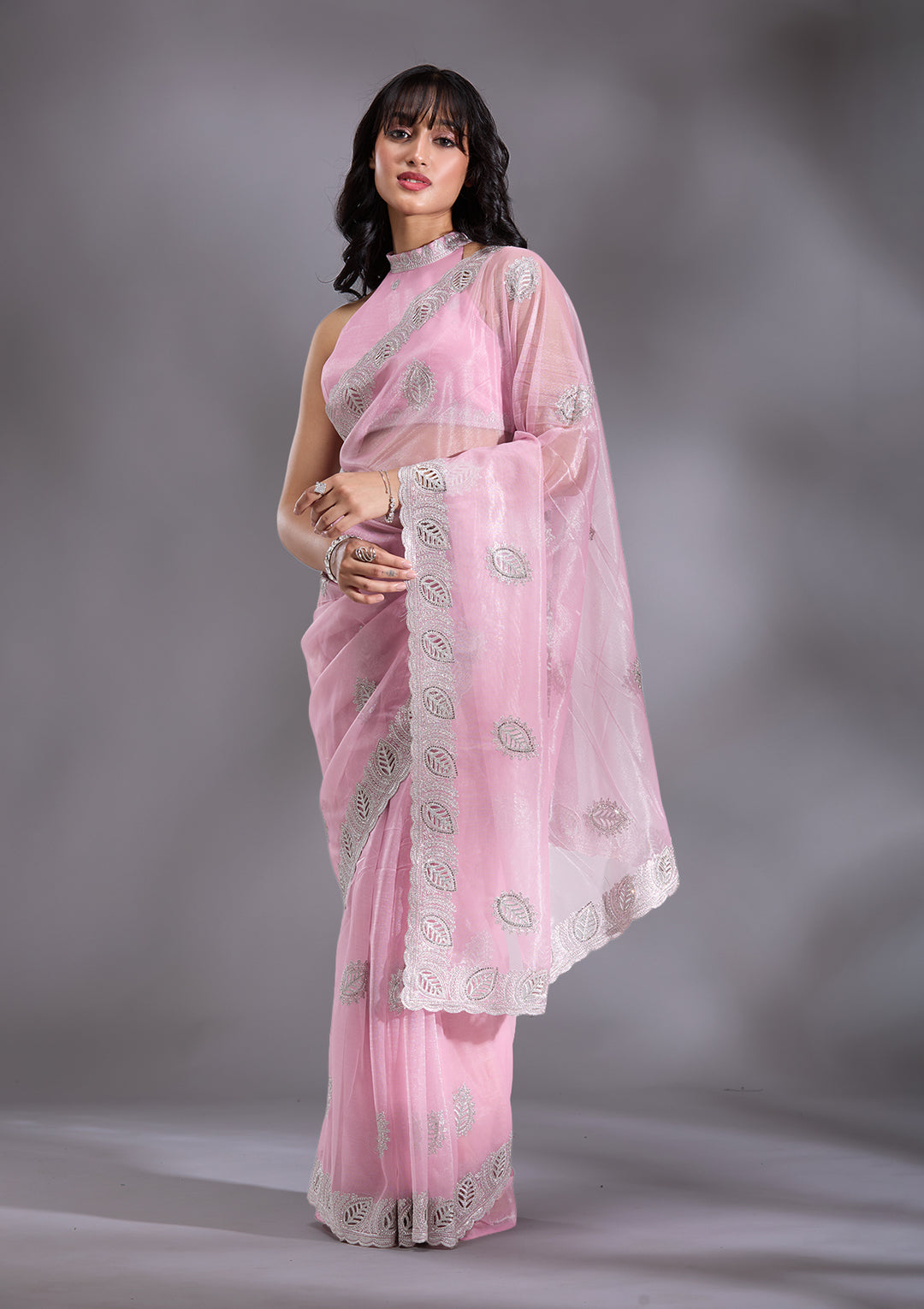 Baby Pink Cutwork Organza Saree