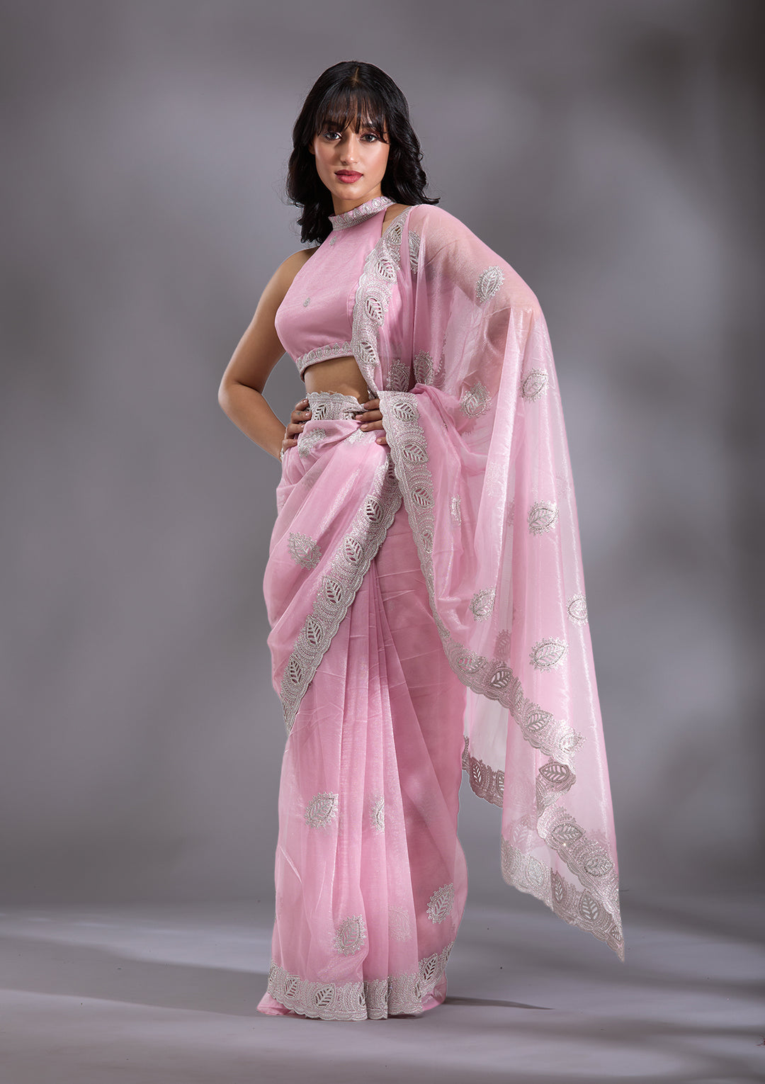 Baby Pink Cutwork Organza Saree
