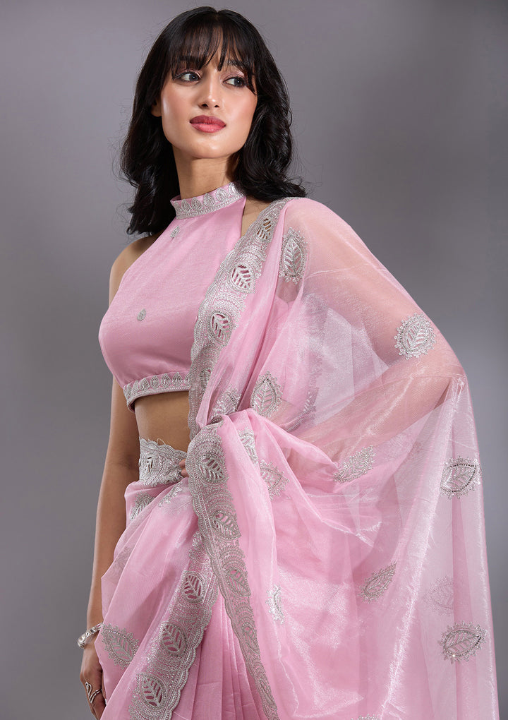 Baby Pink Cutwork Organza Saree