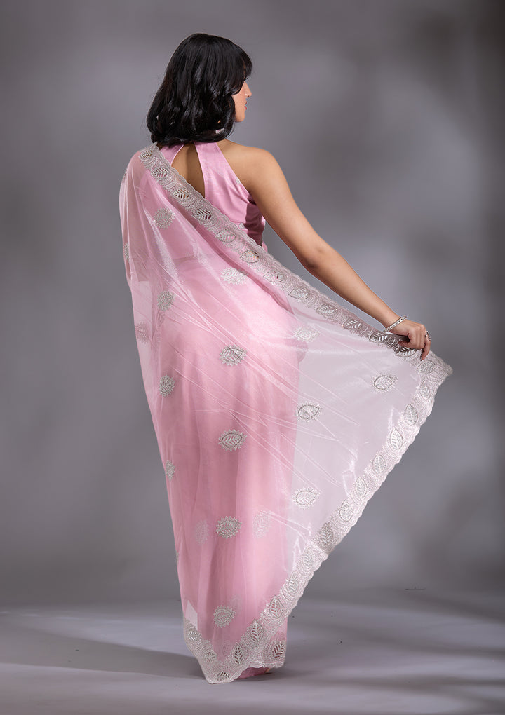 Baby Pink Cutwork Organza Saree