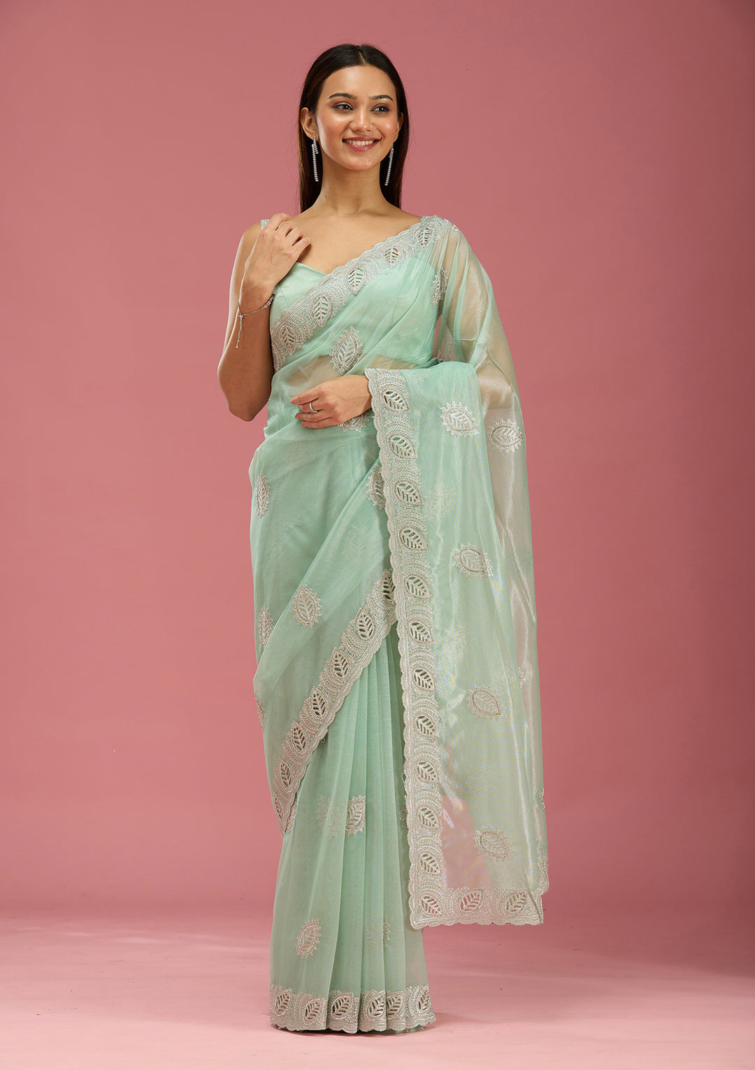 Sea Green Cutwork Organza Saree
