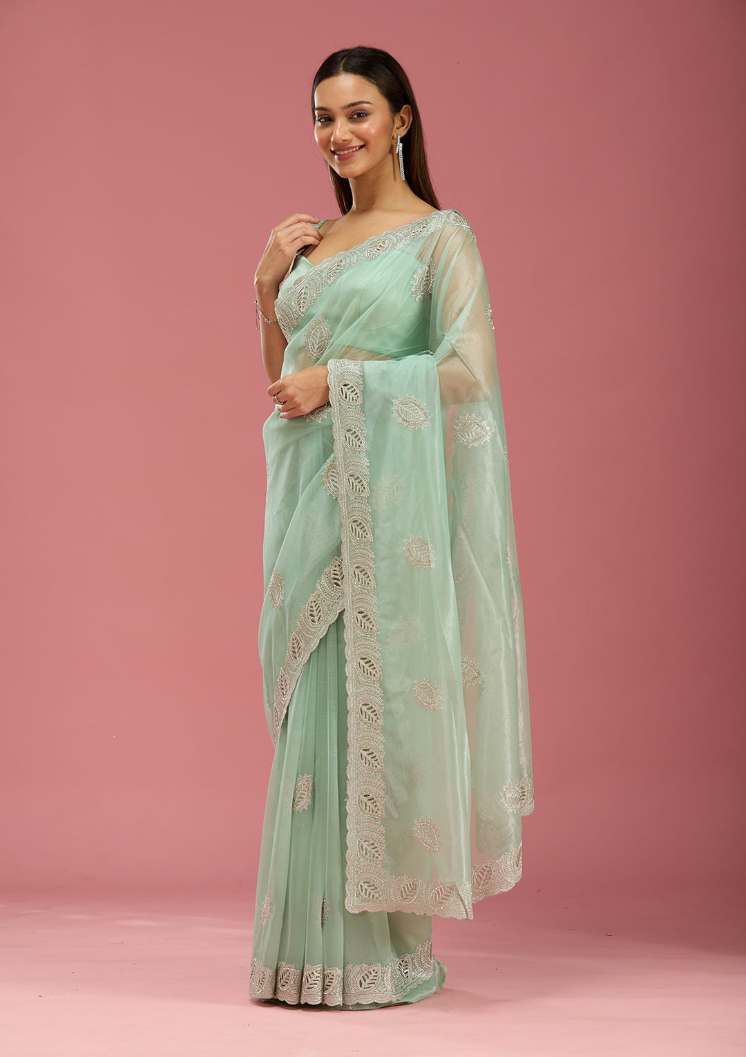 Sea Green Cutwork Organza Saree