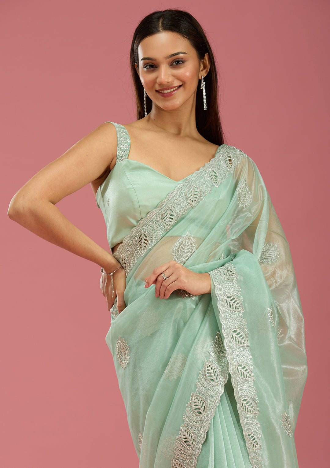 Sea Green Cutwork Organza Saree