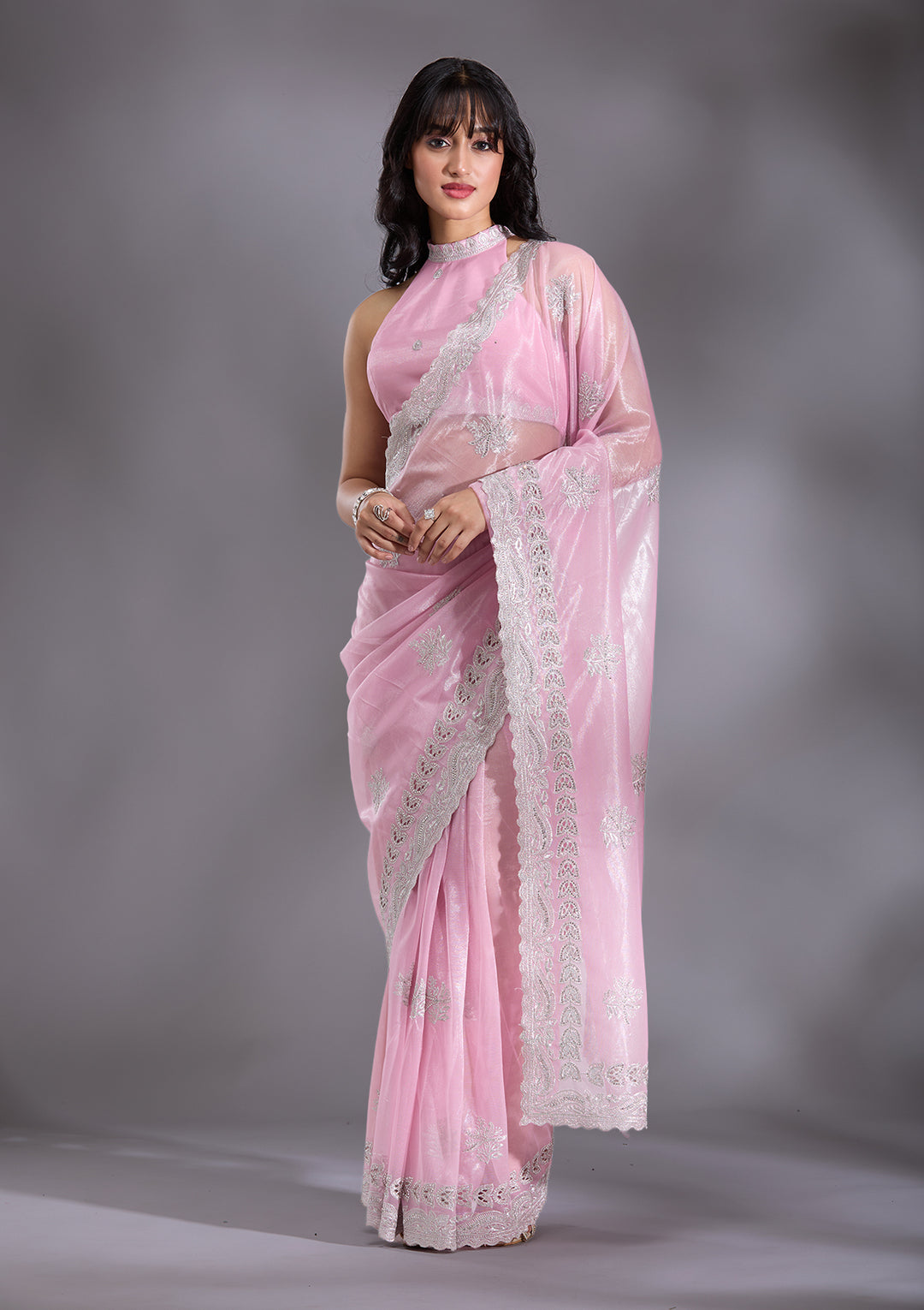 Baby Pink Cutwork Organza Saree