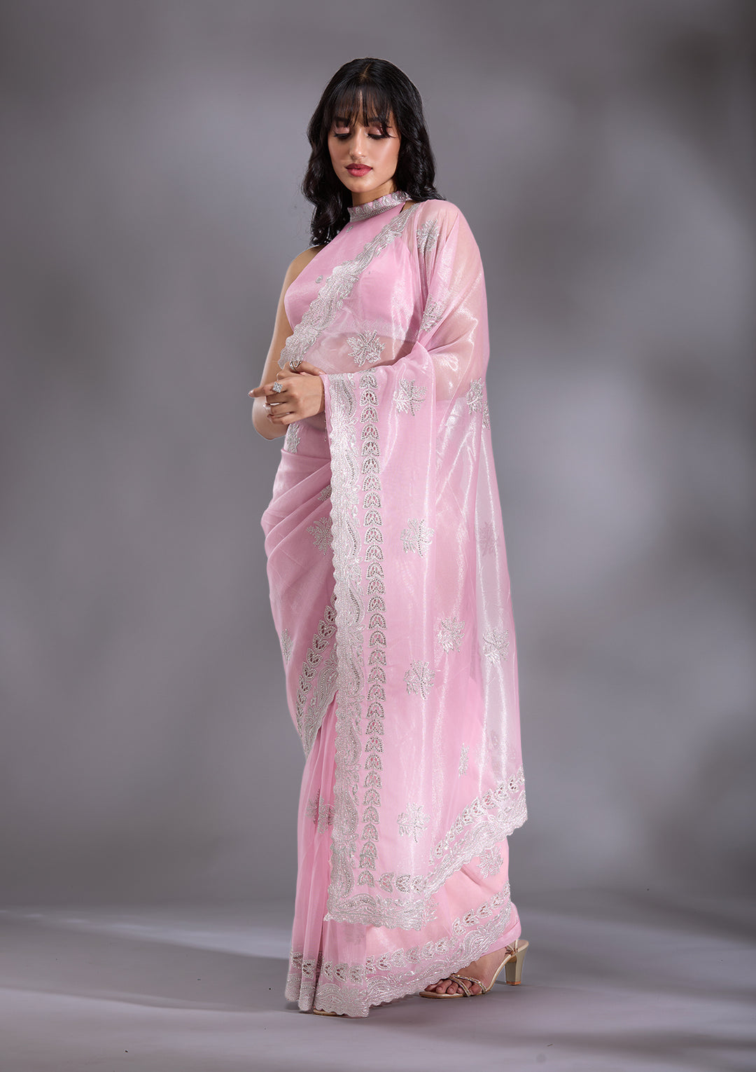 Baby Pink Cutwork Organza Saree
