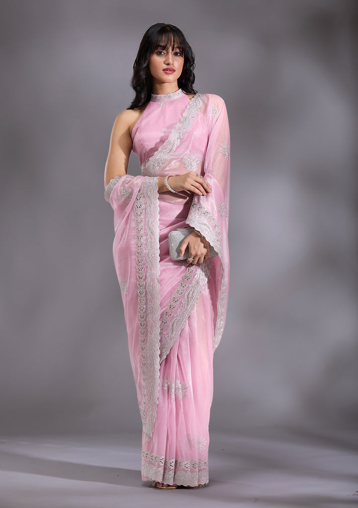 Baby Pink Cutwork Organza Saree