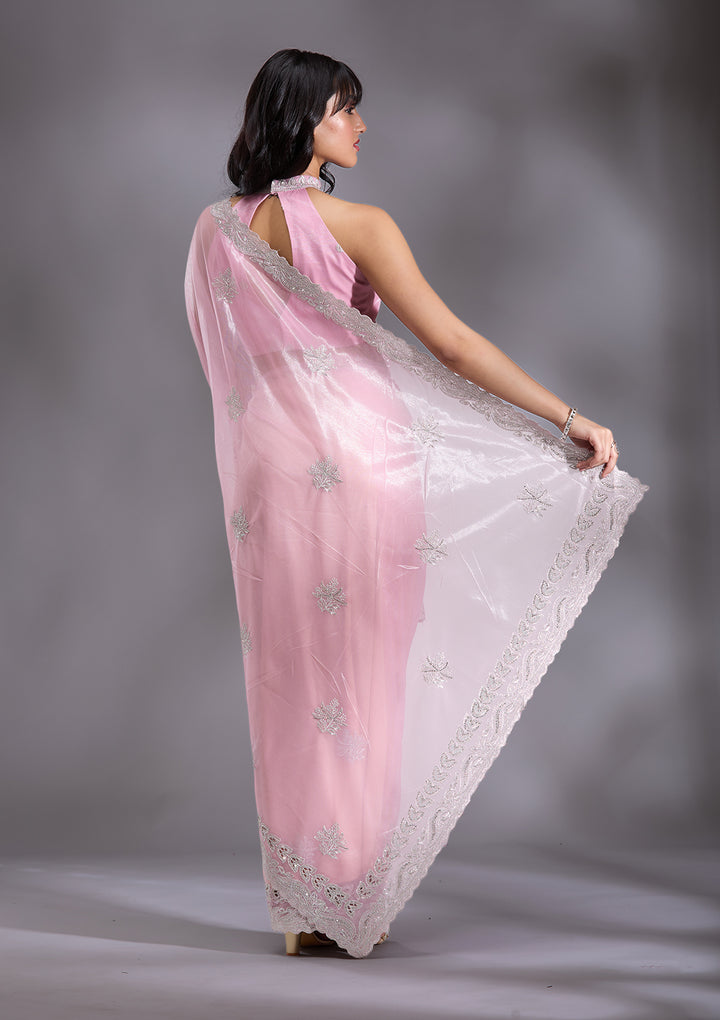 Baby Pink Cutwork Organza Saree