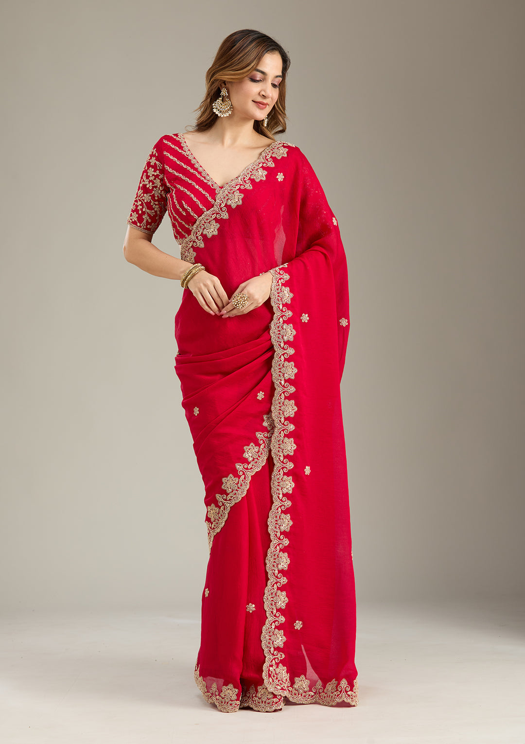 Rani Pink Cording Semi Crepe Saree