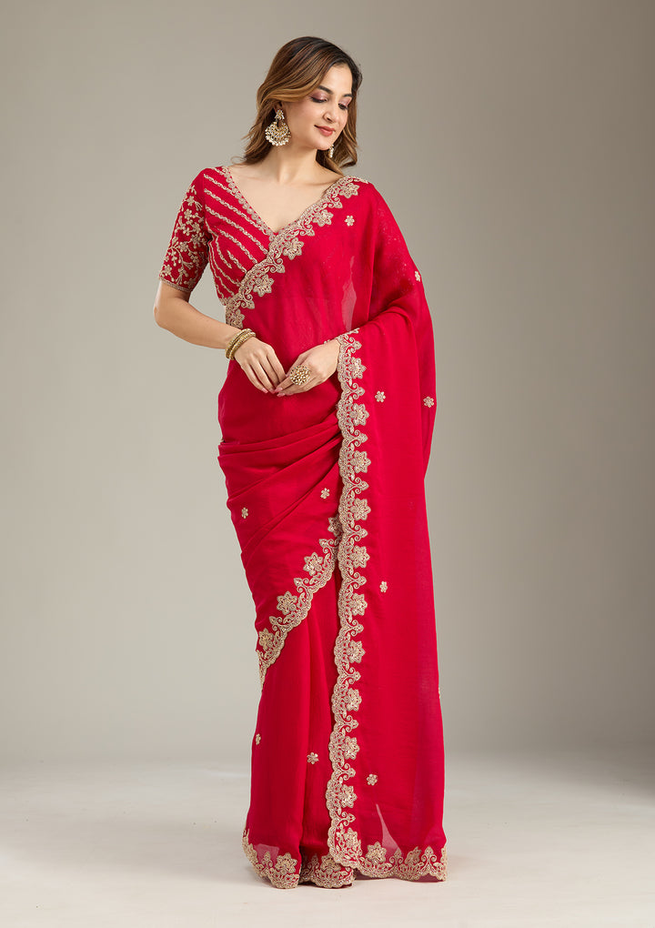 Rani Pink Cording Semi Crepe Saree