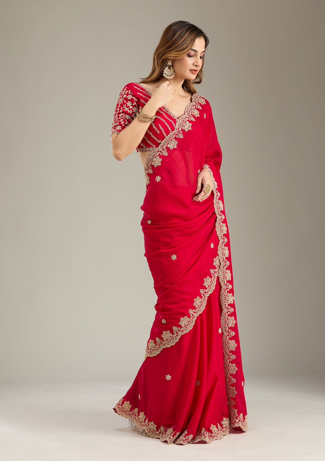 Rani Pink Cording Semi Crepe Saree