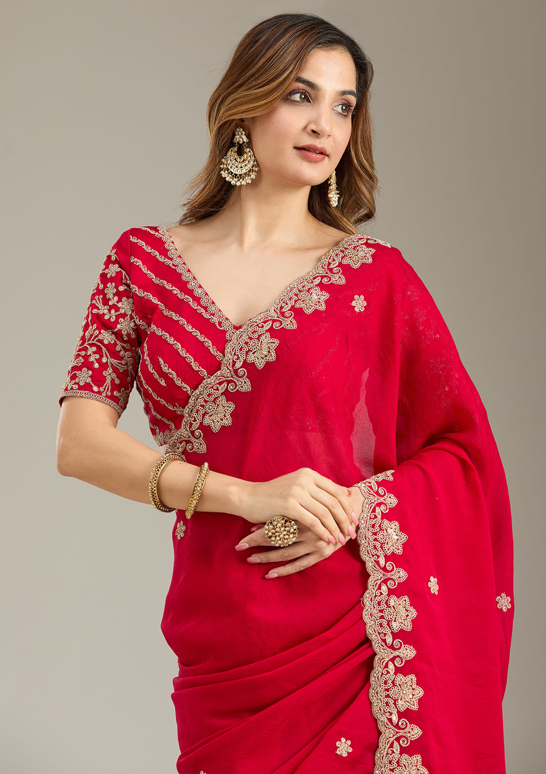 Rani Pink Cording Semi Crepe Saree