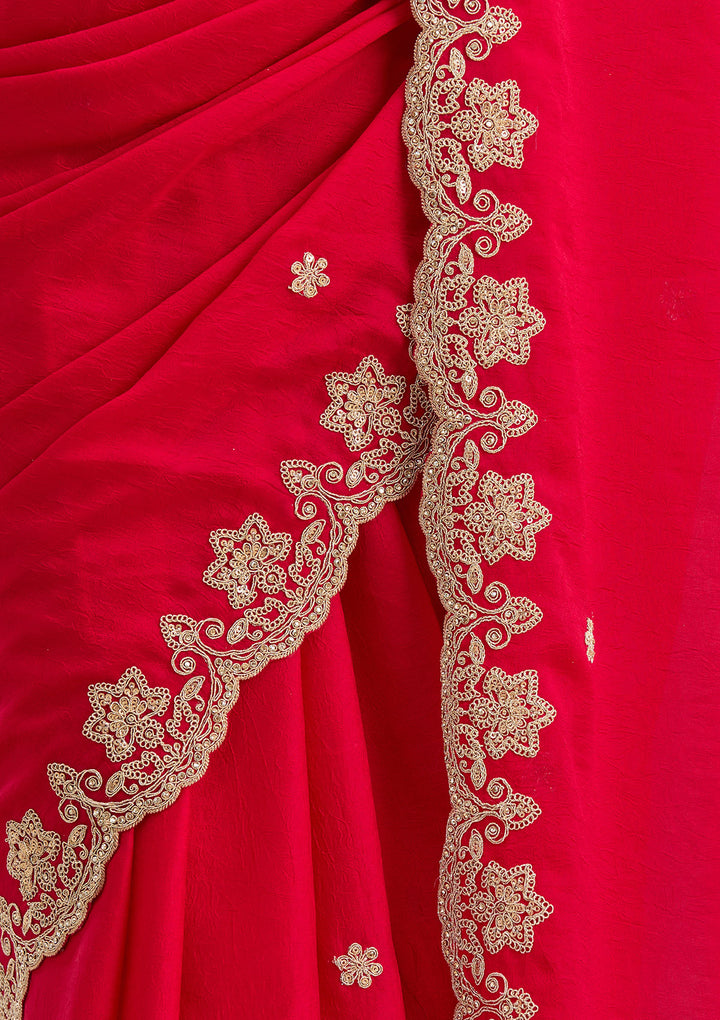 Rani Pink Cording Semi Crepe Saree