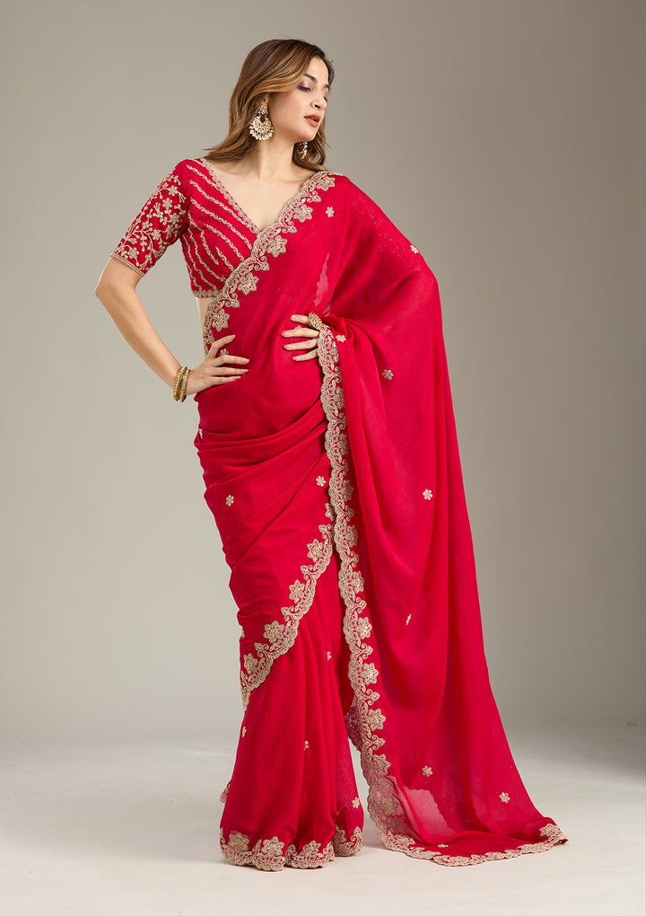 Rani Pink Cording Semi Crepe Saree