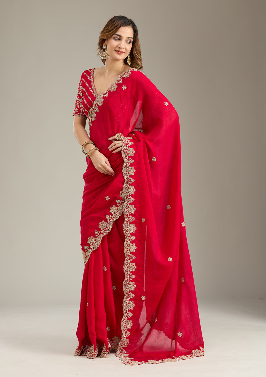 Rani Pink Cording Semi Crepe Saree
