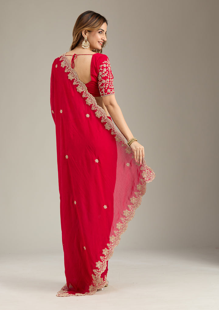 Rani Pink Cording Semi Crepe Saree