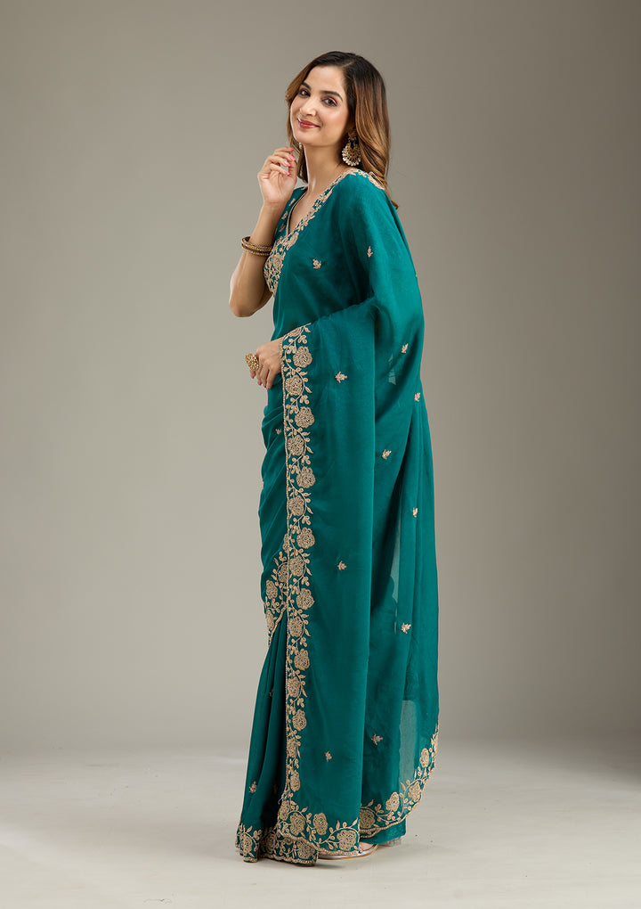 Teal Green Cording Georgette Saree