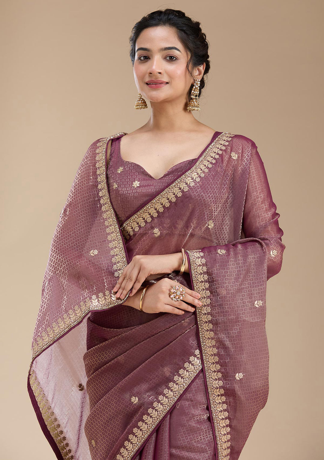 Wine Gotapatti Organza Saree