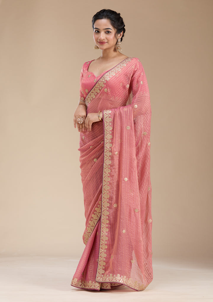 Gajari Pink Gotapatti Chiffon Saree
