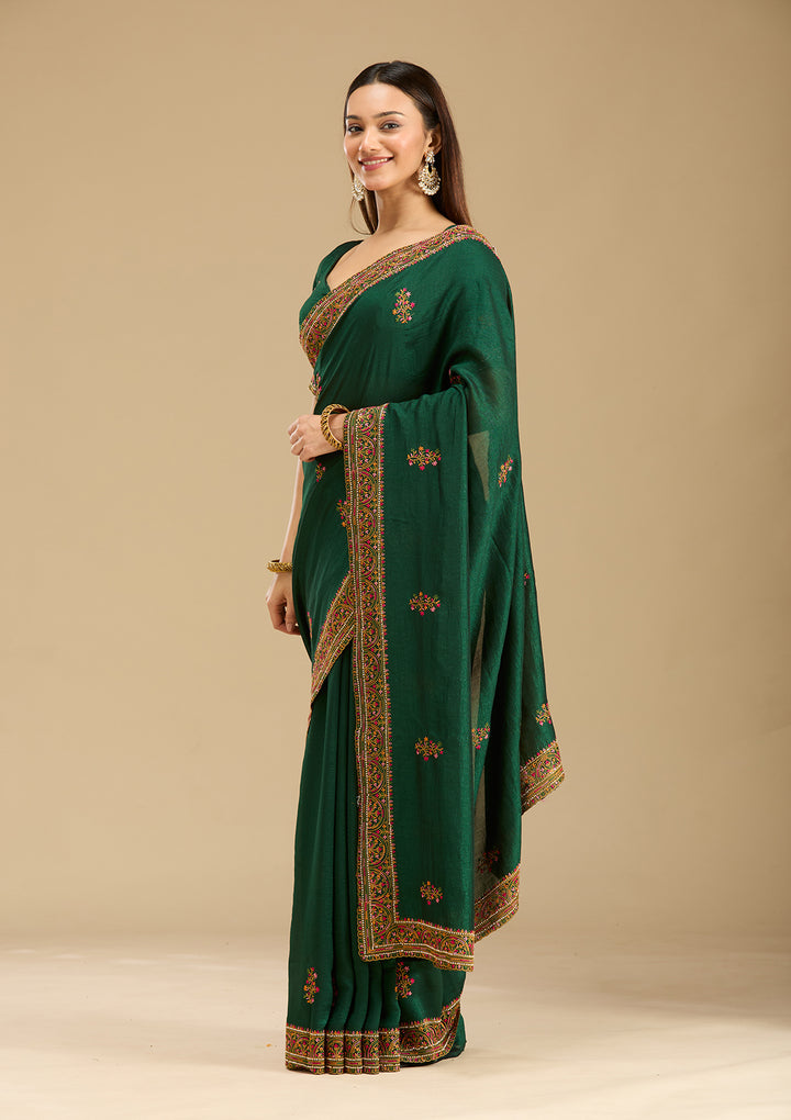 Bottle Green Kashmiri Soft Raw Silk Saree