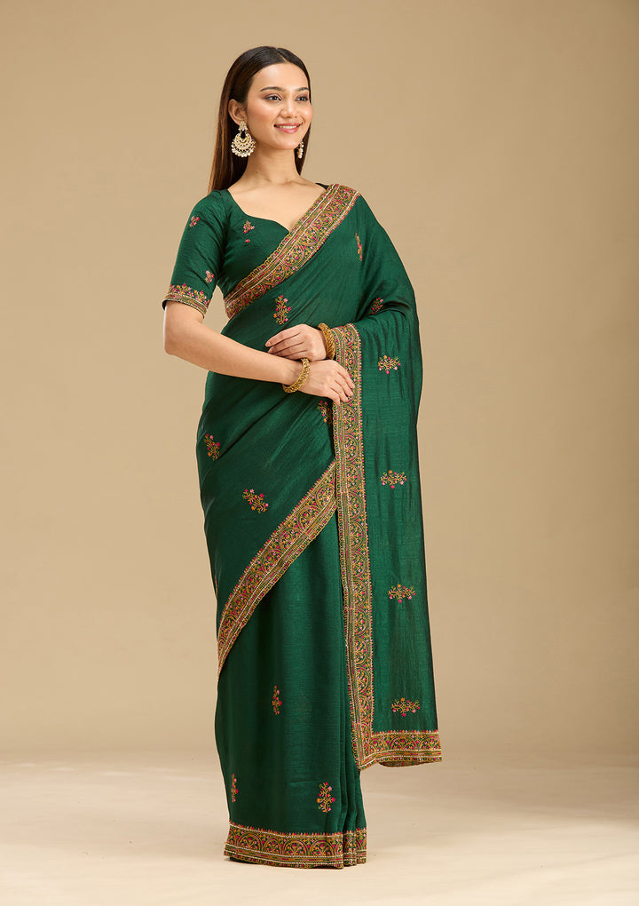 Bottle Green Kashmiri Soft Raw Silk Saree