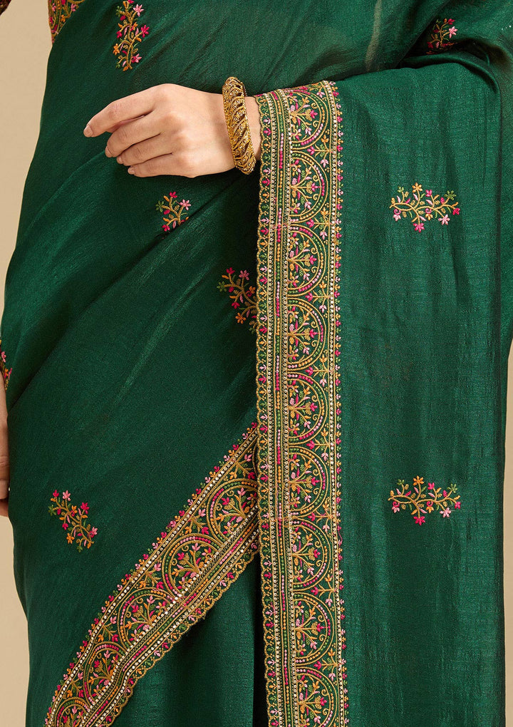 Bottle Green Kashmiri Soft Raw Silk Saree