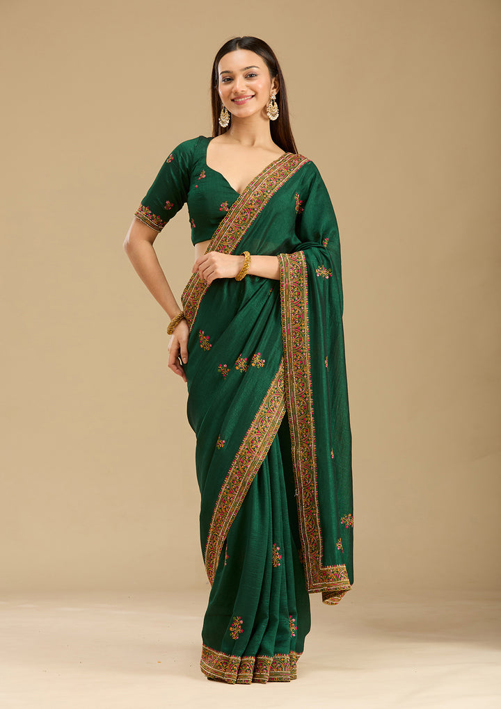 Bottle Green Kashmiri Soft Raw Silk Saree
