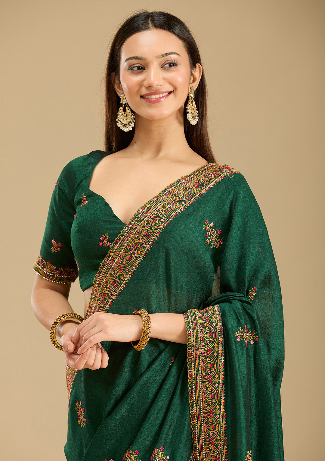 Bottle Green Kashmiri Soft Raw Silk Saree