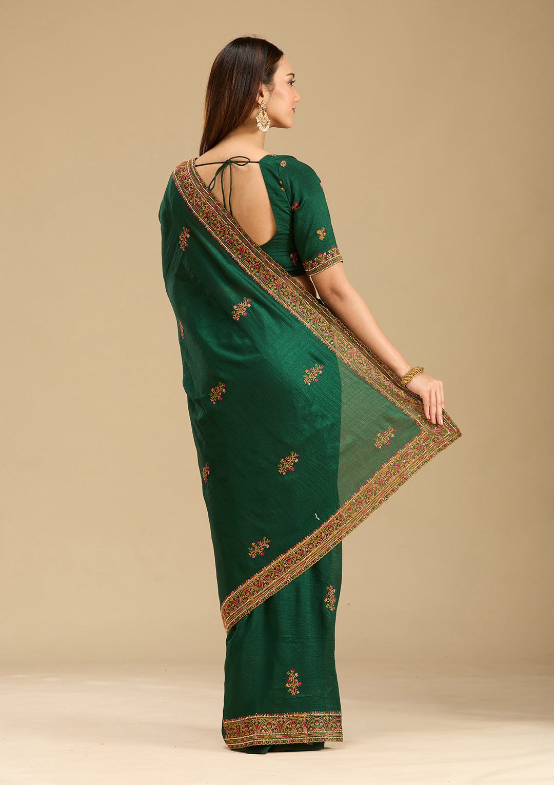Bottle Green Kashmiri Soft Raw Silk Saree