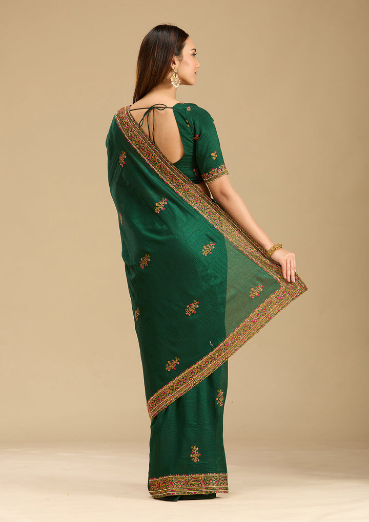 Bottle Green Kashmiri Soft Raw Silk Saree