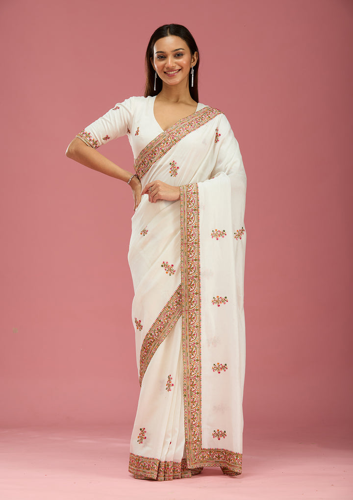 Off White Kashmiri Soft Raw Silk Saree