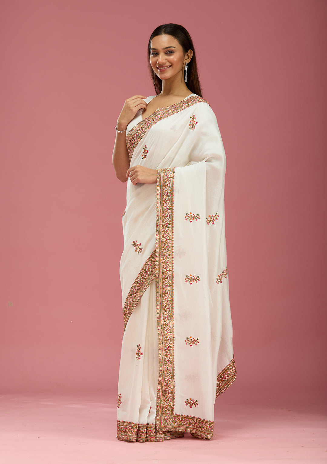 Off White Kashmiri Soft Raw Silk Saree