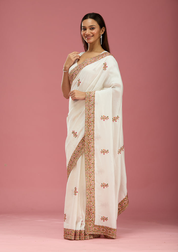 Off White Kashmiri Soft Raw Silk Saree