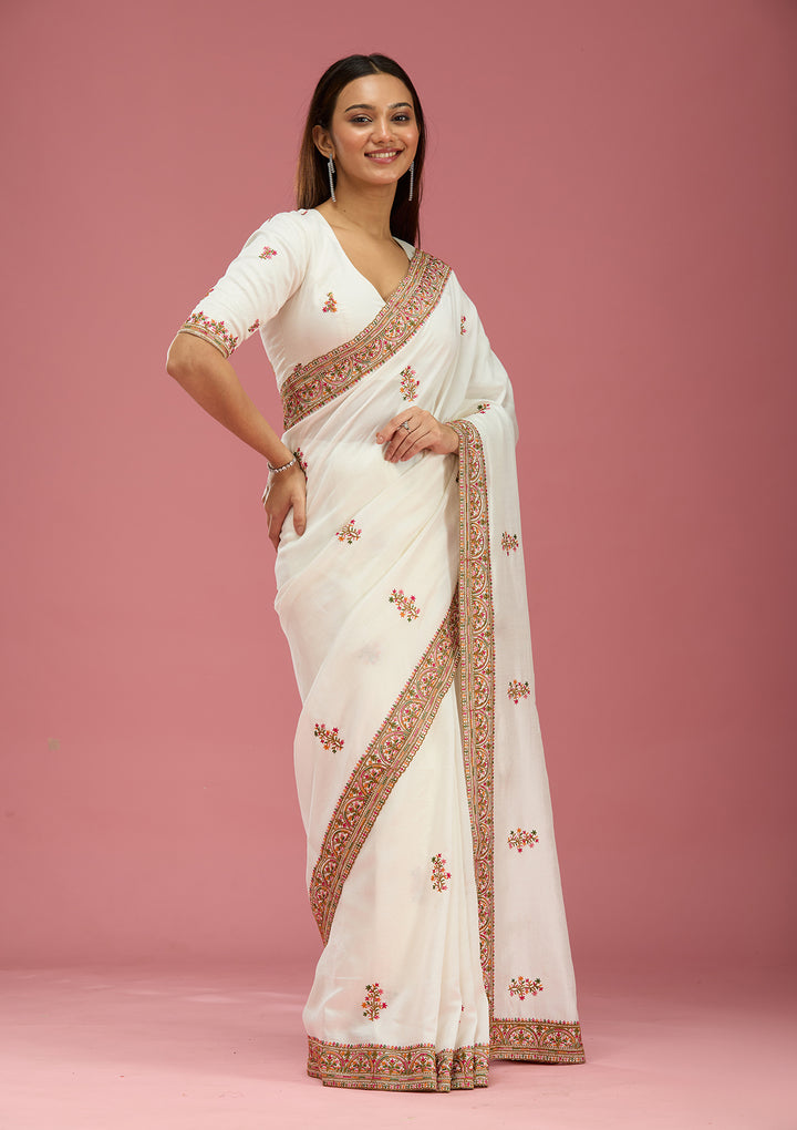 Off White Kashmiri Soft Raw Silk Saree