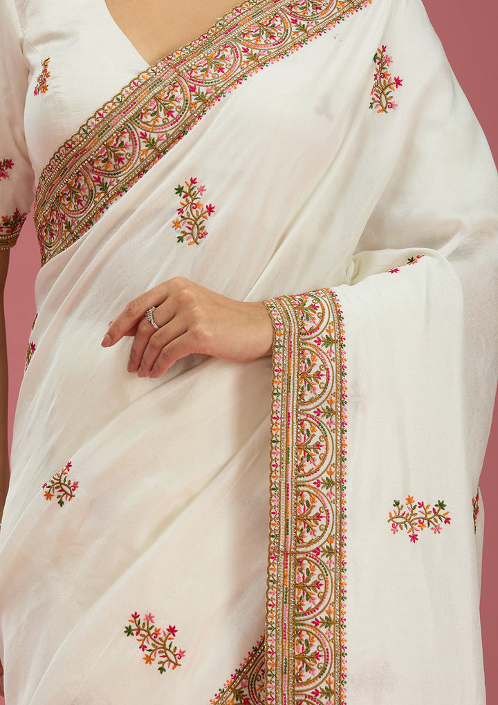 Off White Kashmiri Soft Raw Silk Saree