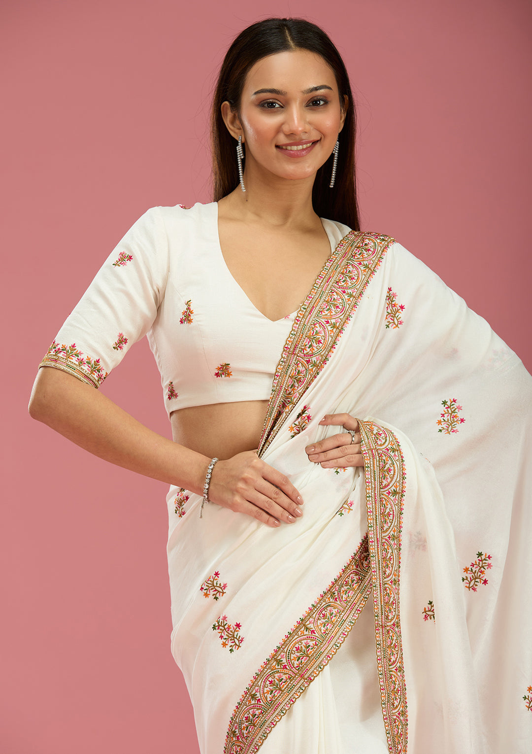 Off White Kashmiri Soft Raw Silk Saree