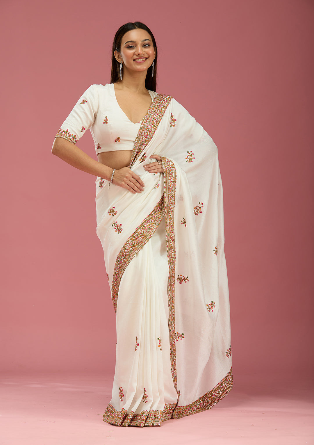 Off White Kashmiri Soft Raw Silk Saree