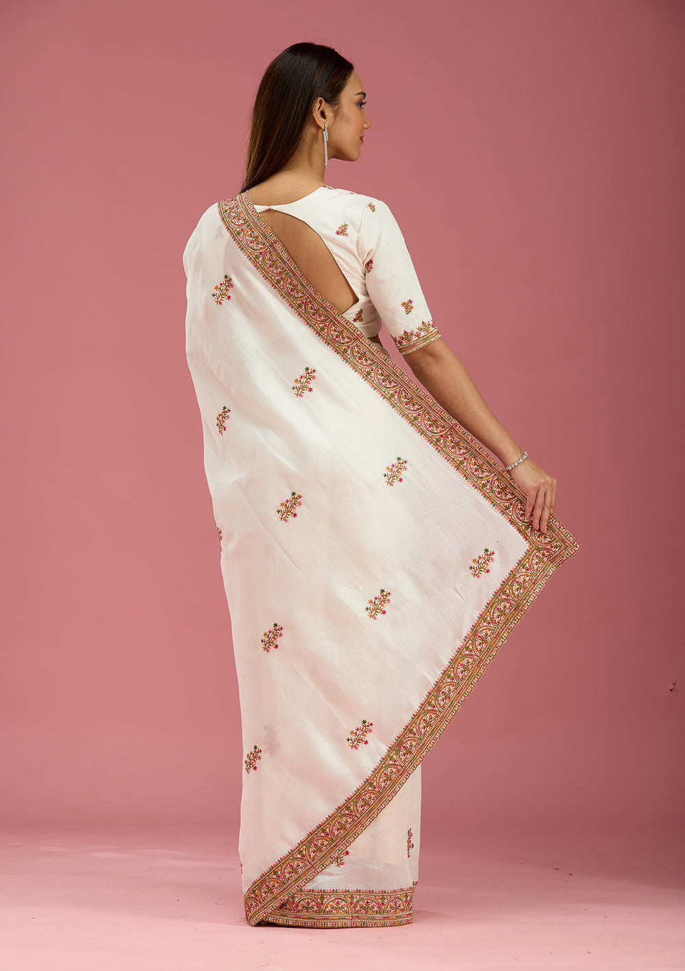 Off White Kashmiri Soft Raw Silk Saree