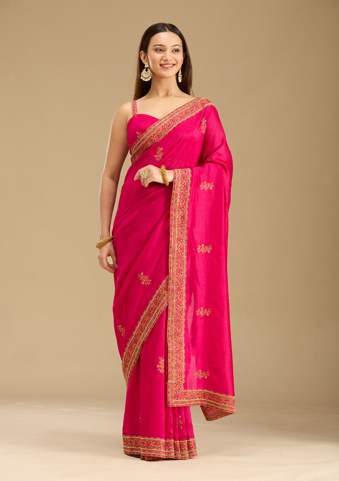 Rani Pink Kashmiri Soft Raw Silk Saree