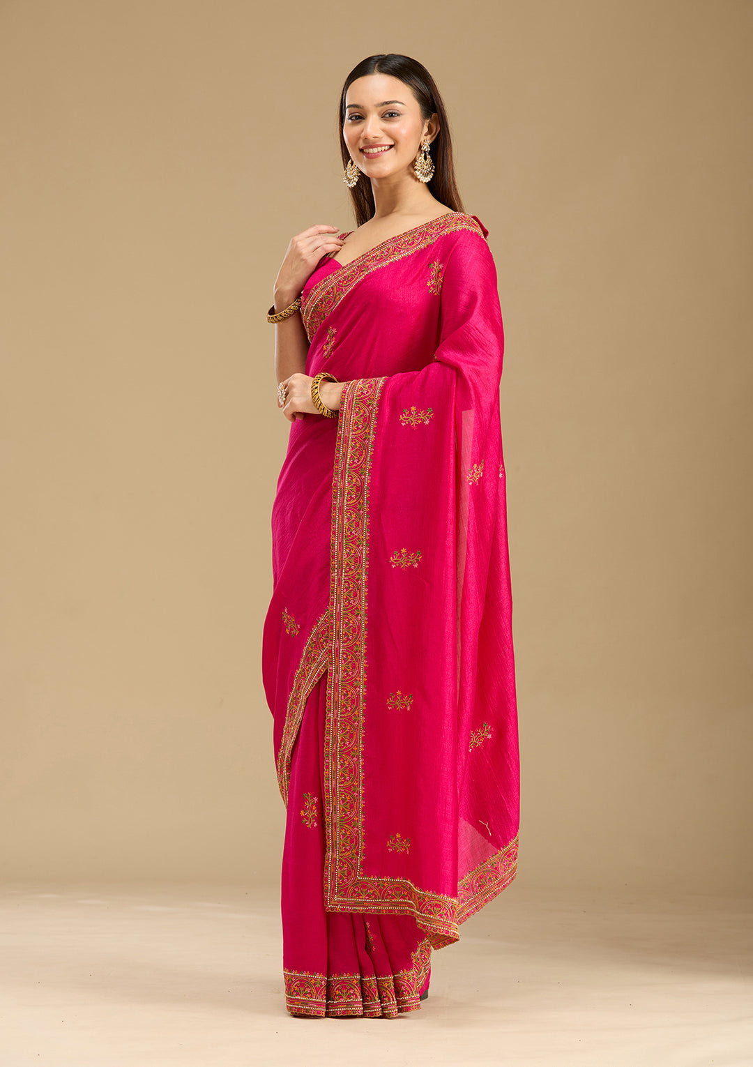 Rani Pink Kashmiri Soft Raw Silk Saree