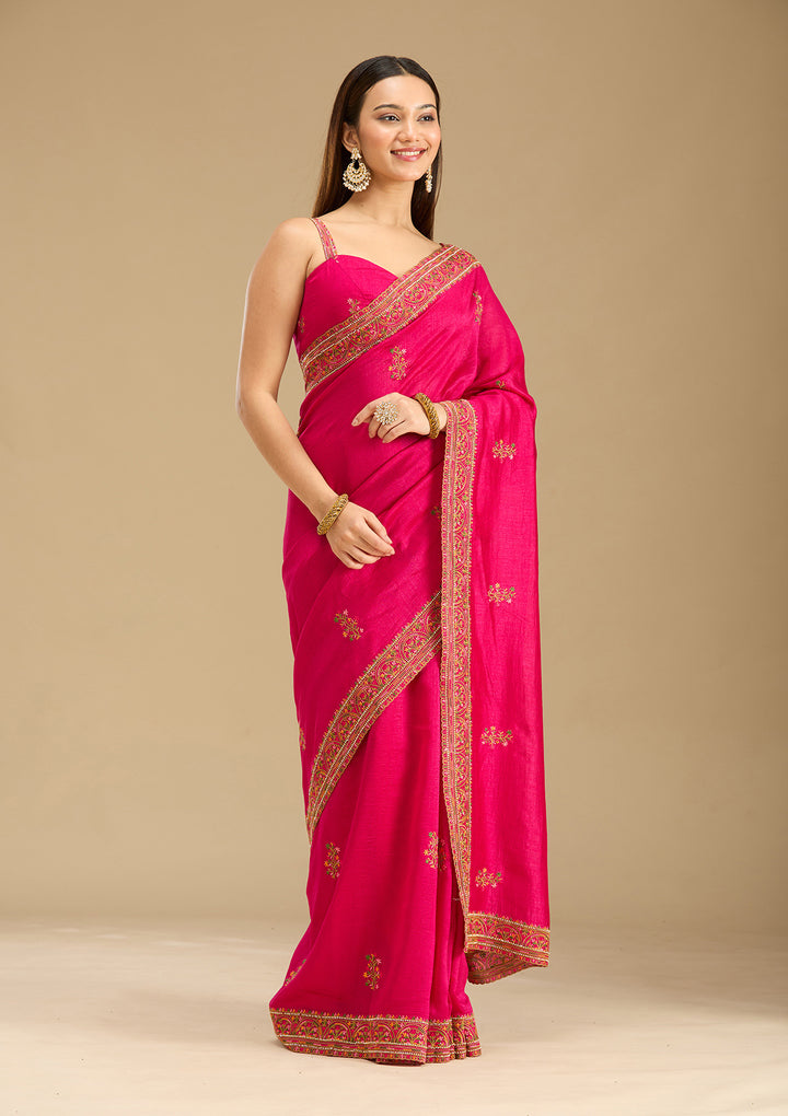 Rani Pink Kashmiri Soft Raw Silk Saree