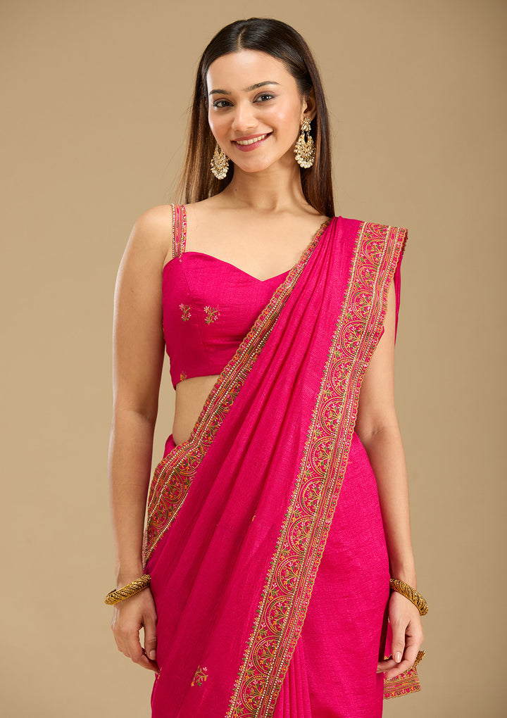 Rani Pink Kashmiri Soft Raw Silk Saree
