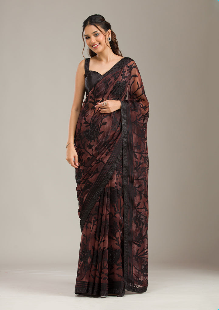 Brown Stonework Chiffon Saree