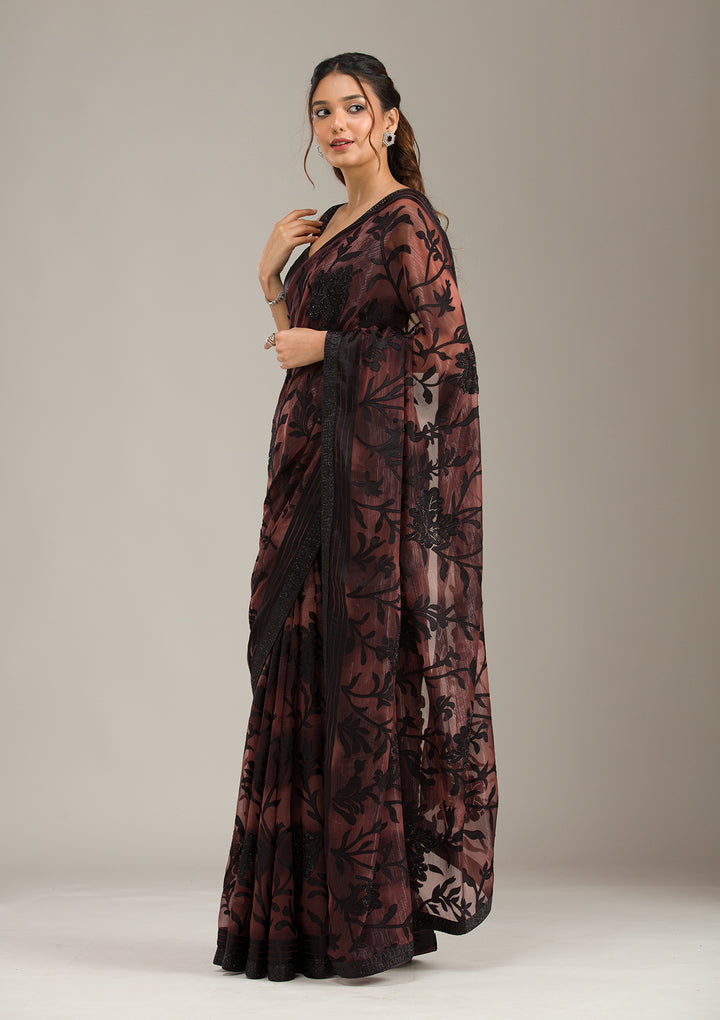 Brown Stonework Chiffon Saree