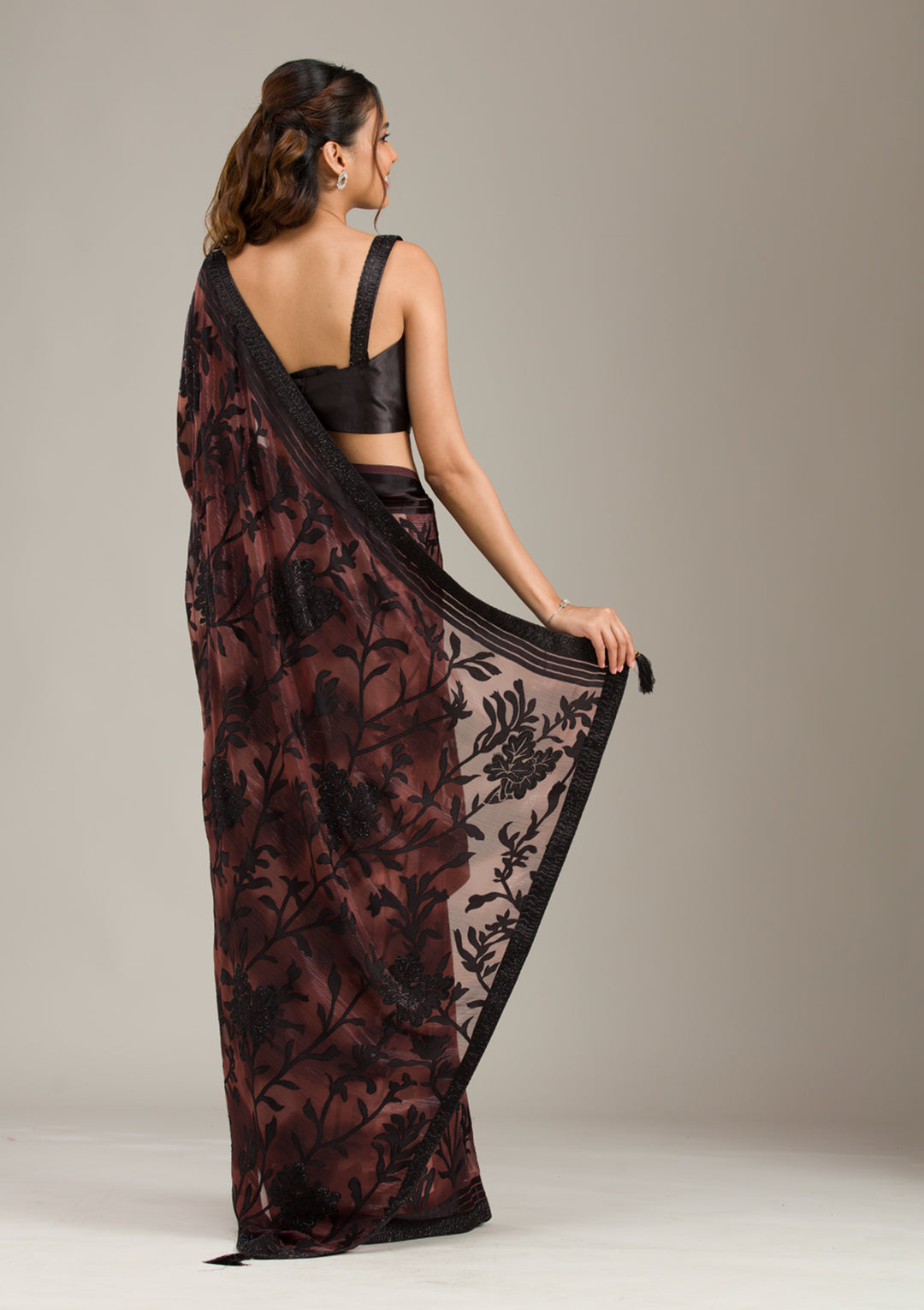 Brown Stonework Chiffon Saree