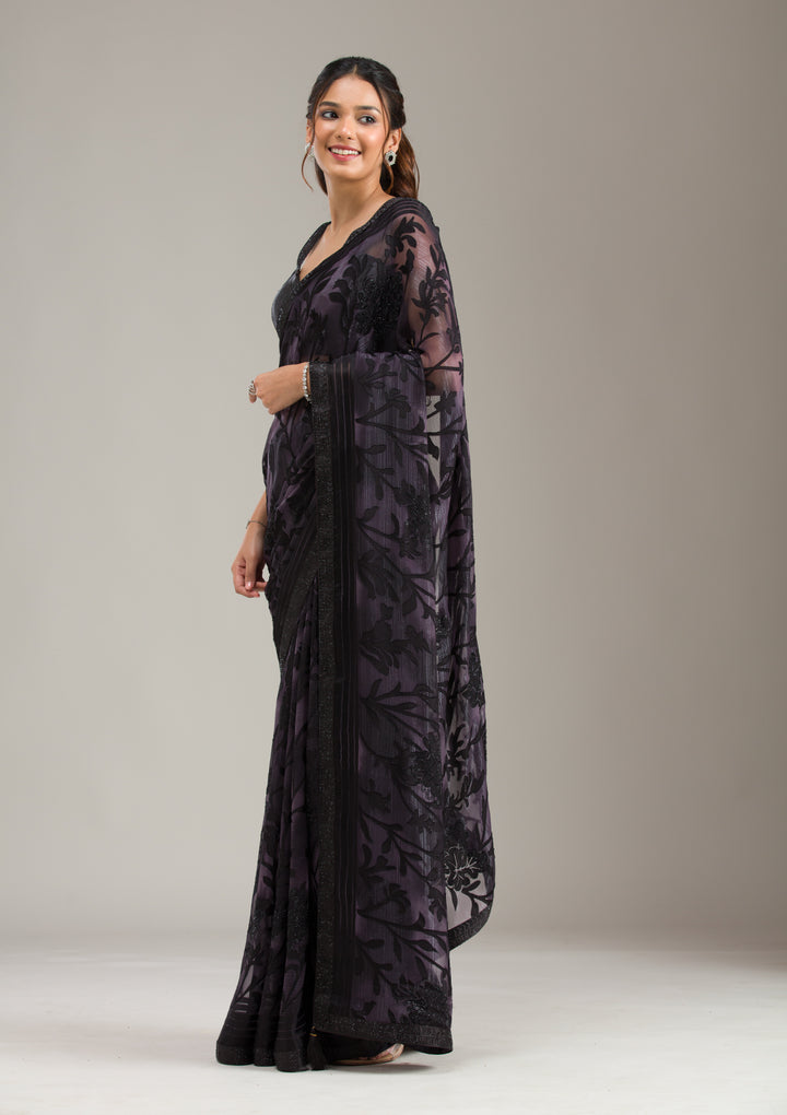 Purple Threadwork Georgette Saree