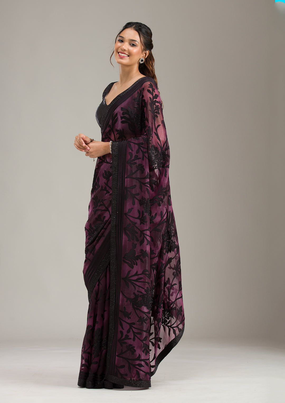 Wine Stonework (Gold) Georgette Saree