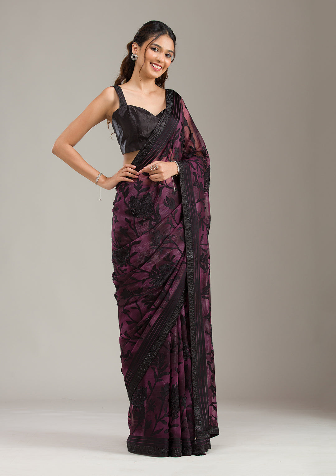 Wine Stonework (Gold) Georgette Saree