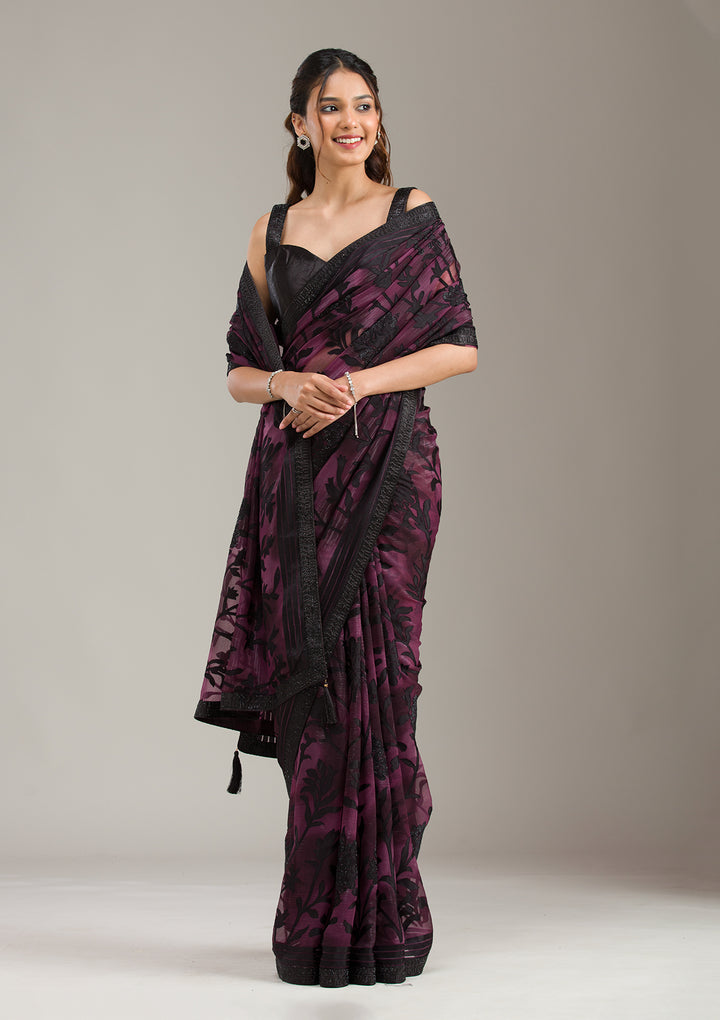 Wine Stonework (Gold) Georgette Saree
