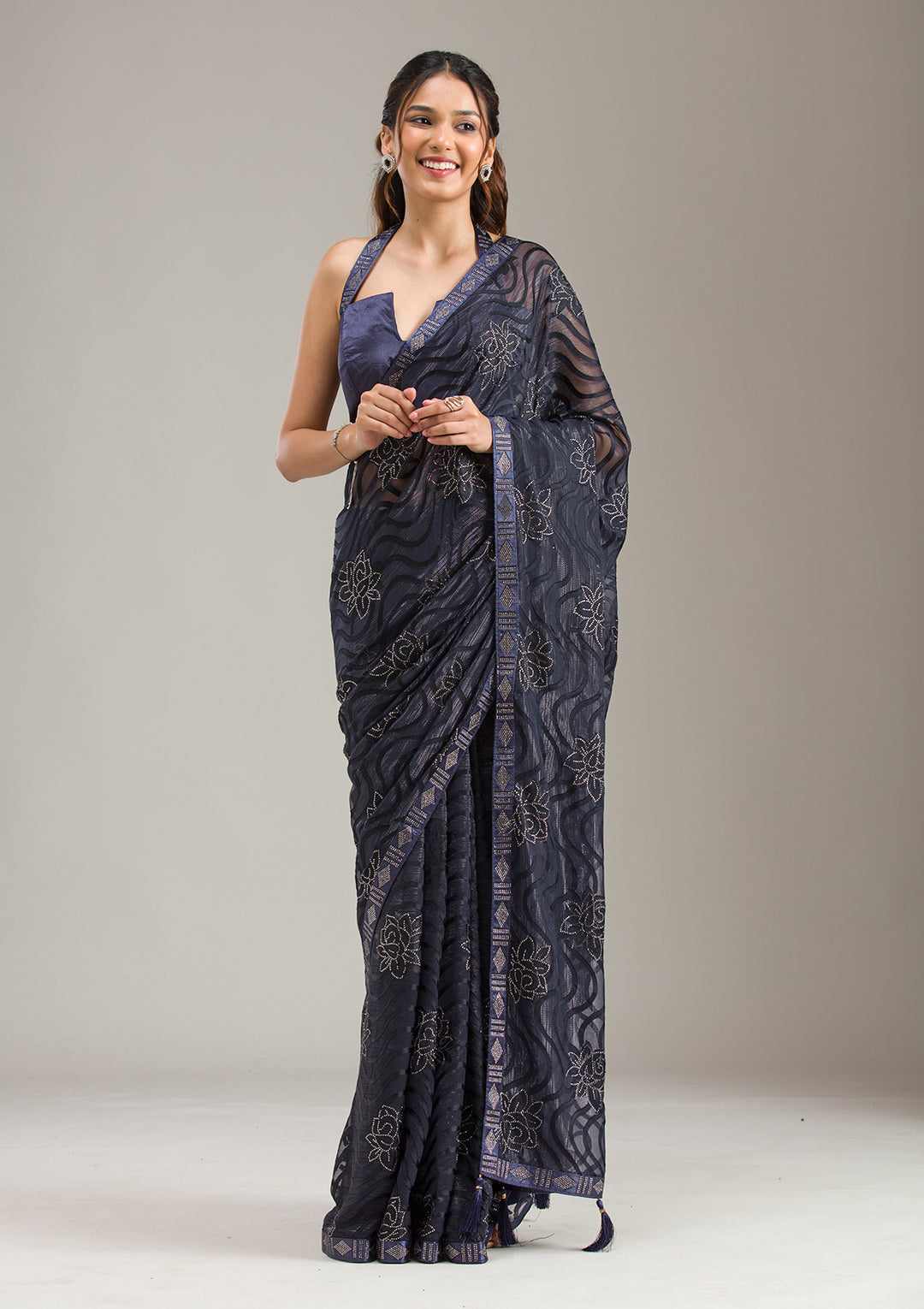 Navy Blue Stonework Chiffon Saree